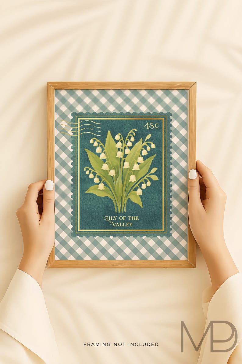 Vintage Lily of the Valley Stamp Print - Gold Foil Southern Floral Art - Blue Botanical Floral Wall Art with Gingham