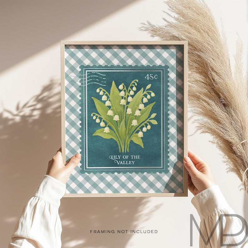 Vintage Lily of the Valley Stamp Print - Gold Foil Southern Floral Art - Blue Botanical Floral Wall Art with Gingham