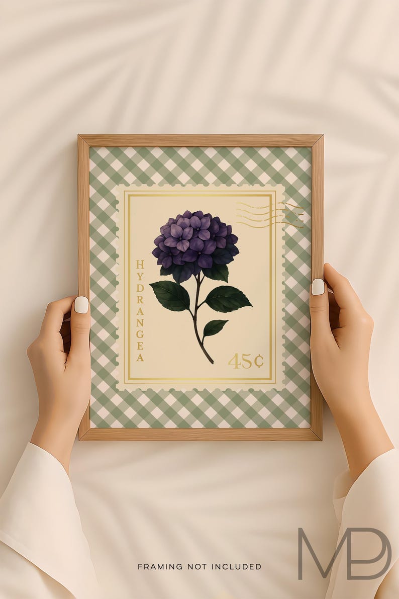 Vintage Hydrangea Stamp Gold Foil Print - Southern Floral Wall Art - Botanical Floral Wall Art with Gingham