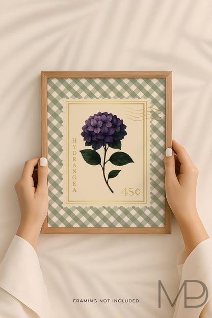Vintage Hydrangea Stamp Gold Foil Print - Southern Floral Wall Art - Botanical Floral Wall Art with Gingham