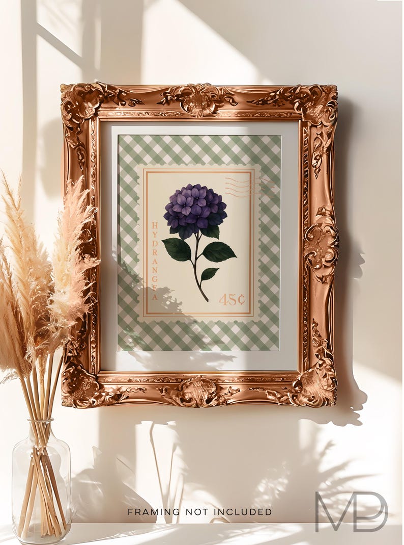 Vintage Hydrangea Stamp Gold Foil Print - Southern Floral Wall Art - Botanical Floral Wall Art with Gingham