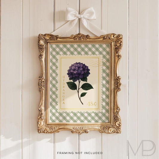 Vintage Hydrangea Stamp Gold Foil Print - Southern Floral Wall Art - Botanical Floral Wall Art with Gingham