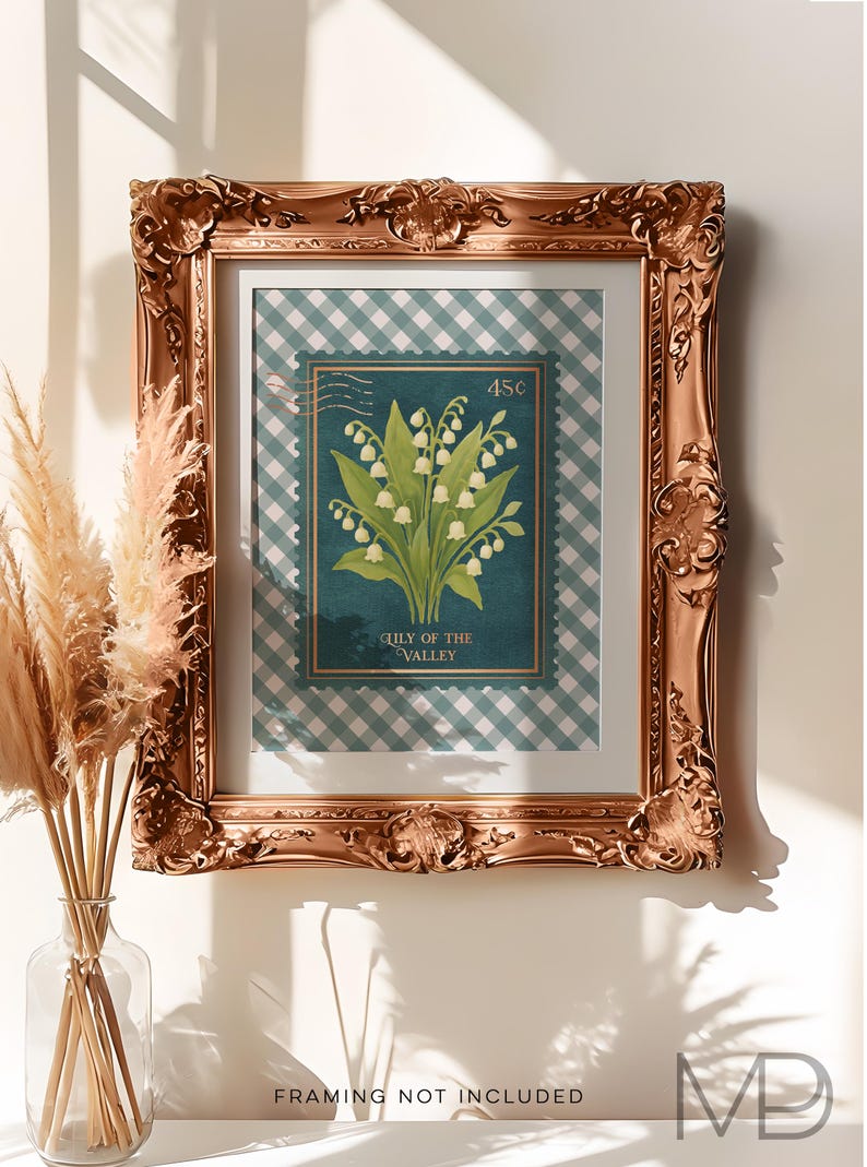 Vintage Lily of the Valley Stamp Print - Gold Foil Southern Floral Art - Blue Botanical Floral Wall Art with Gingham