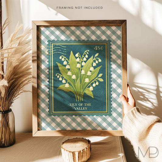 Vintage Lily of the Valley Stamp Print - Gold Foil Southern Floral Art - Blue Botanical Floral Wall Art with Gingham